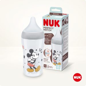 NUK Perfect Match pudele ar  silikona M izmēra knupi, 260 ml (Mikijs)
